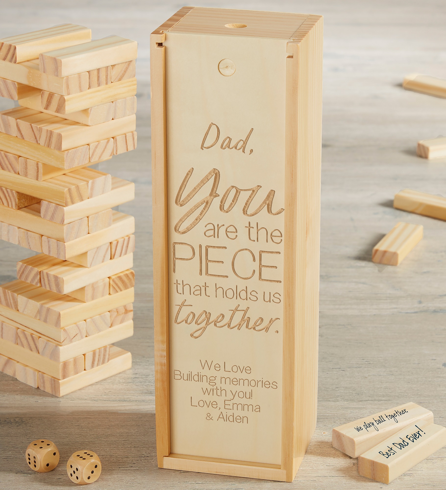 Dad Pieces Our Family Together Personalized Jumbling Tower Game with Wood Case